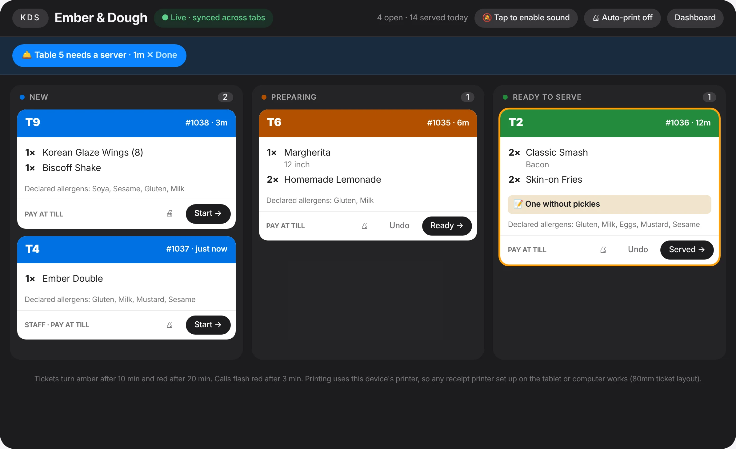 The TableFlow kitchen screen with live tickets